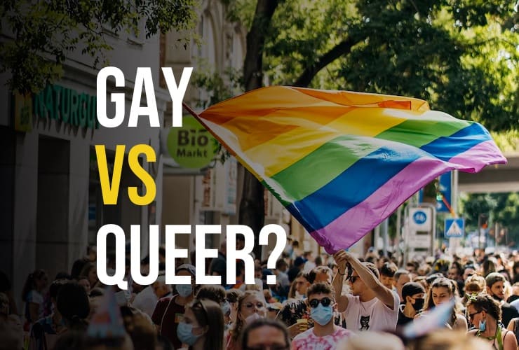 a rainbow flag during pride with the text gay vs queer